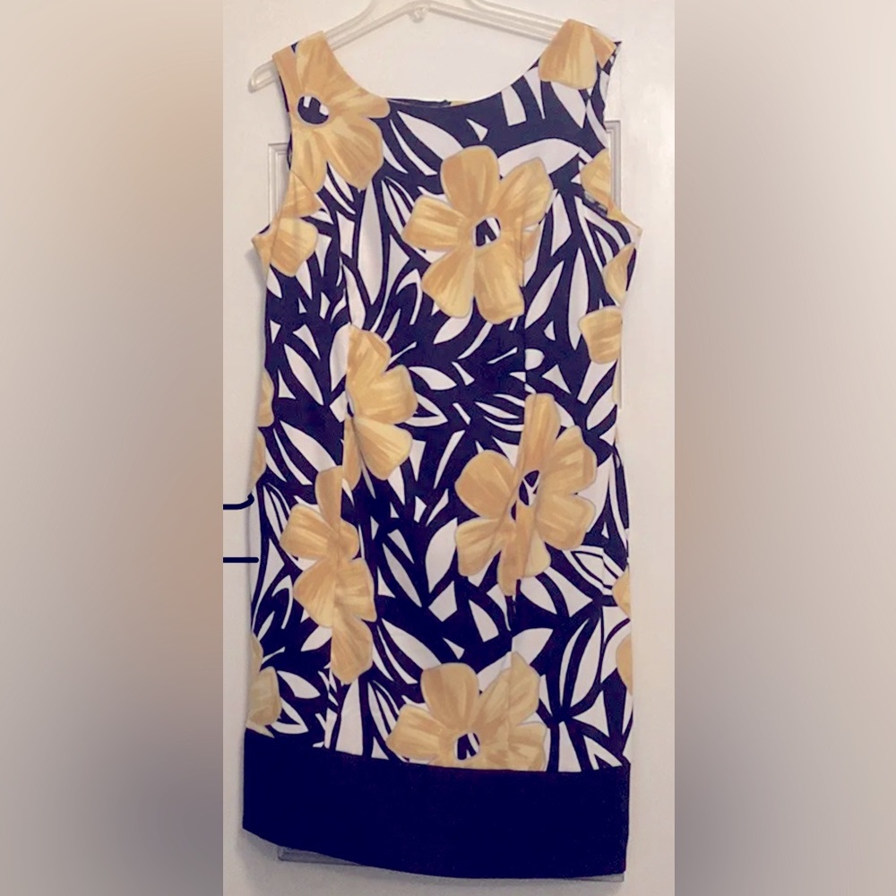 ALYX Sleeveless Dress Zipper Back 14W Stretch Tapered Black Yellow Flowers